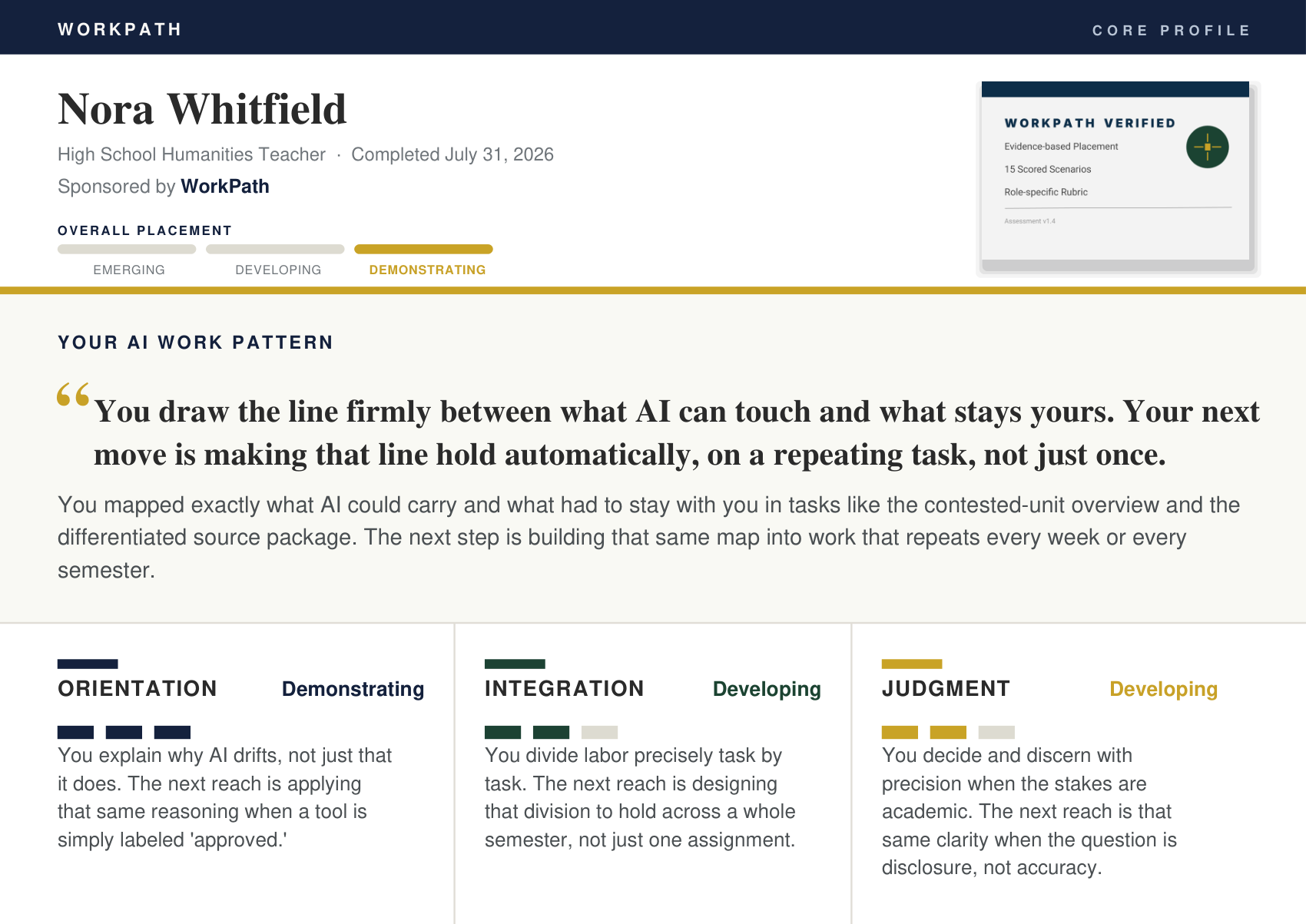 Sample WorkPath Core Profile for a high school humanities teacher, showing overall placement, a written work-pattern summary, and placements across Orientation, Integration, and Judgment.